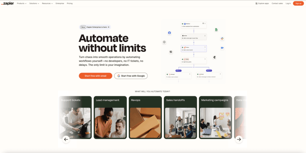 AI tools. Zapier homepage focusing on workflow automation, including ticket support and sales management.