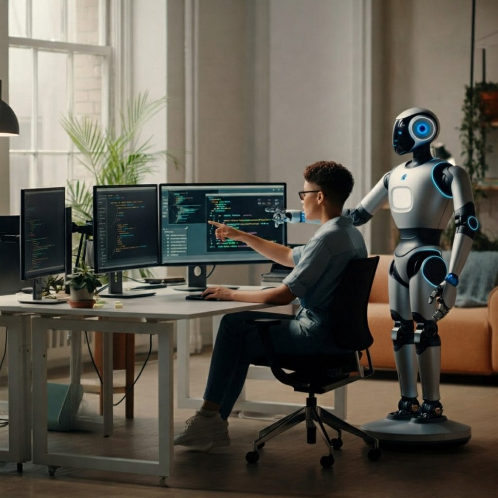 Image of a human and a robot collaborating on a coding project in a modern office, showcasing the future of technology in the workplace.