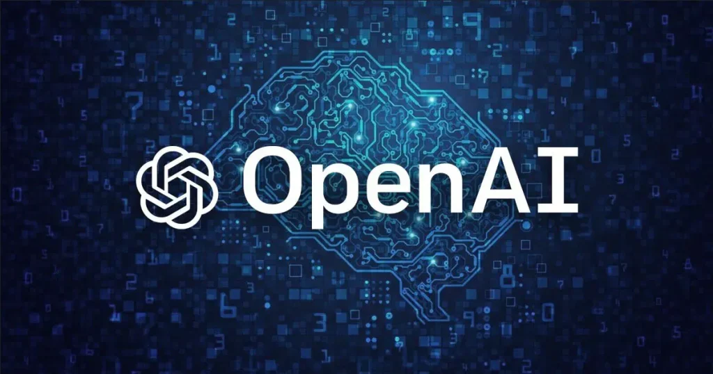 Логотип OpenAI с изображением мозговой деятельности и цифровыми элементами.