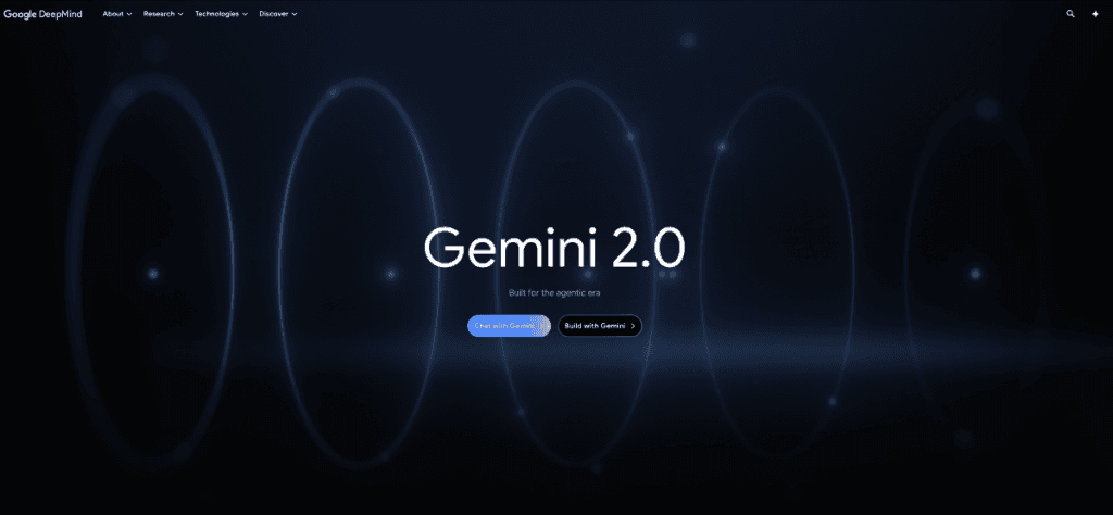 Google DeepMind website introducing Gemini 2.0, advanced AI technologies.