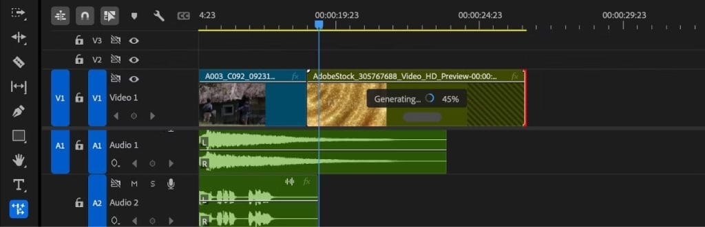 AI tools. A video editing interface with a timeline in Adobe Premiere Pro, showing the editing of video and audio tracks.