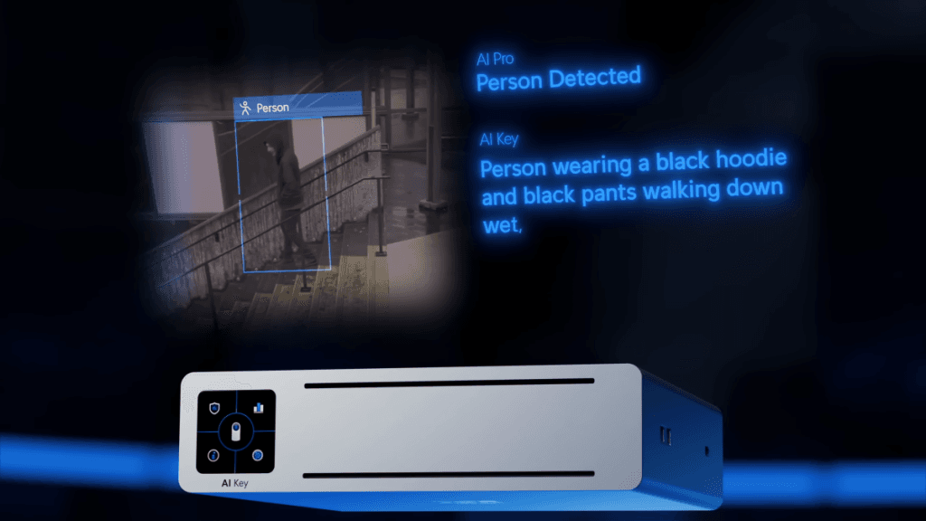 The UniFi Protect AI Key surveillance system detected a person in black clothing on the staircase.